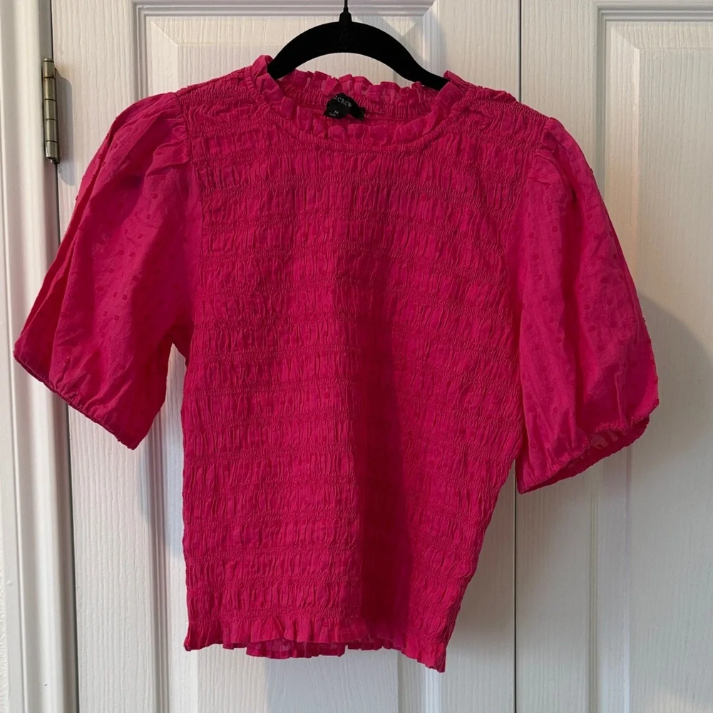 J. Crew Hot Pink Textured Dot Puff-Sleeve Smocked Top
